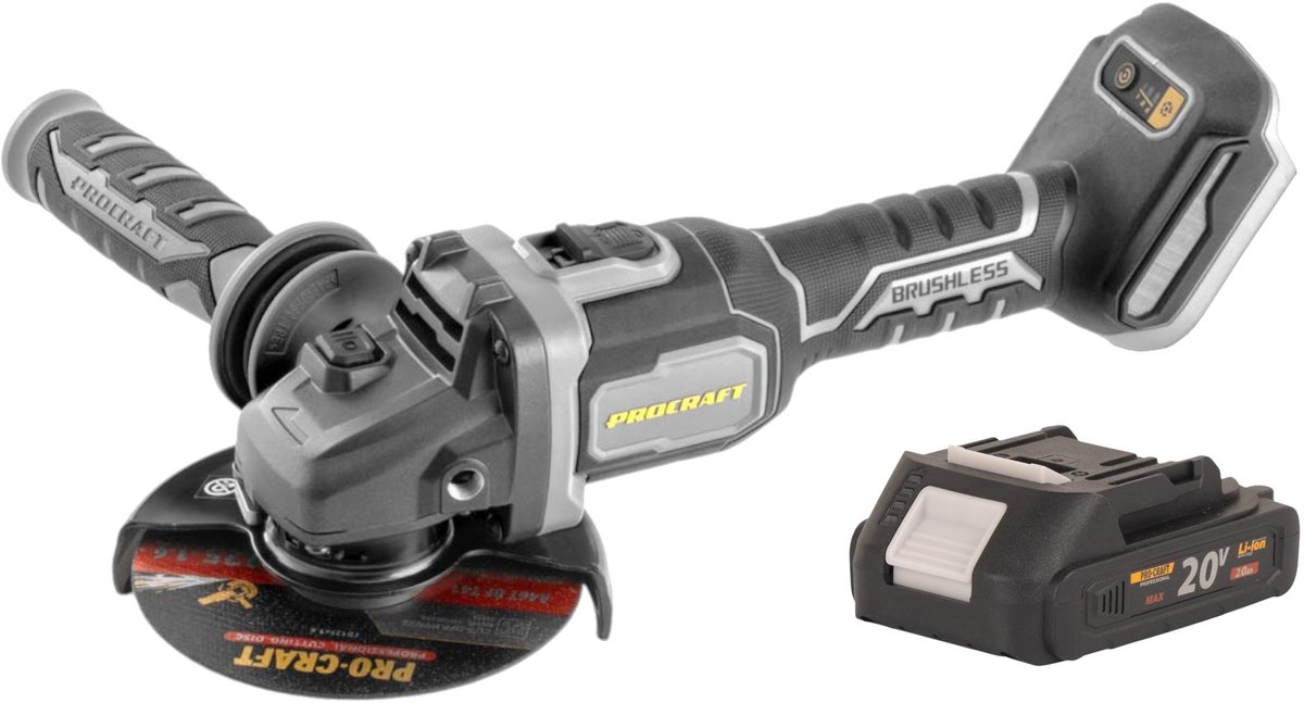 Procraft Industrial AG125Bbb accu haakse slijper 20 V 125 mm borstelloos + 1x accu 2,0 Ah - zonder oplader