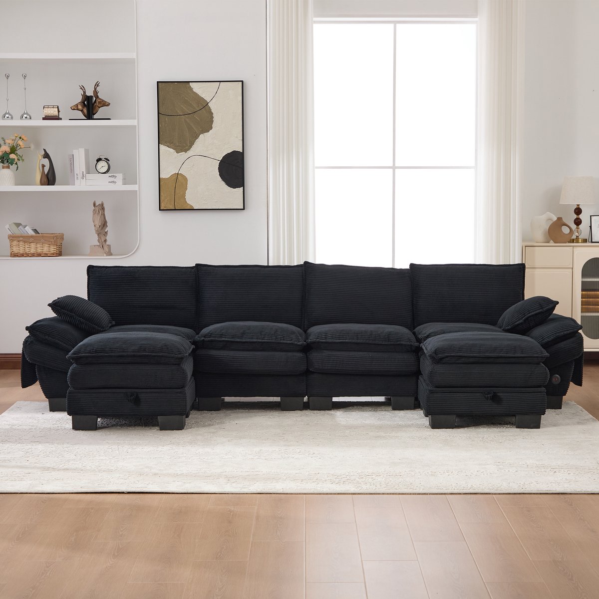 MODENUIT Hoekbank 330 x 132 x 84 cm - Modulair met 2 Hockers en Usb-C - Voor Woonkamer en Kantoor - Corduroy Zwart Zwart, 4-zitsbank