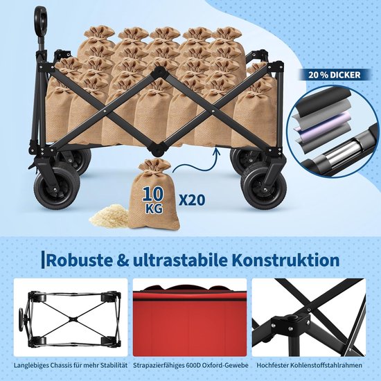 Heavy-Duty Opvouwbare Bolderkar Zwart - Draagkracht 215 kg / 280 Liter - Bolderwagen met All-Terrain Wielen, Remmen & Bagagespin - Strandkar & Kamperen - Rood — afbeelding 2