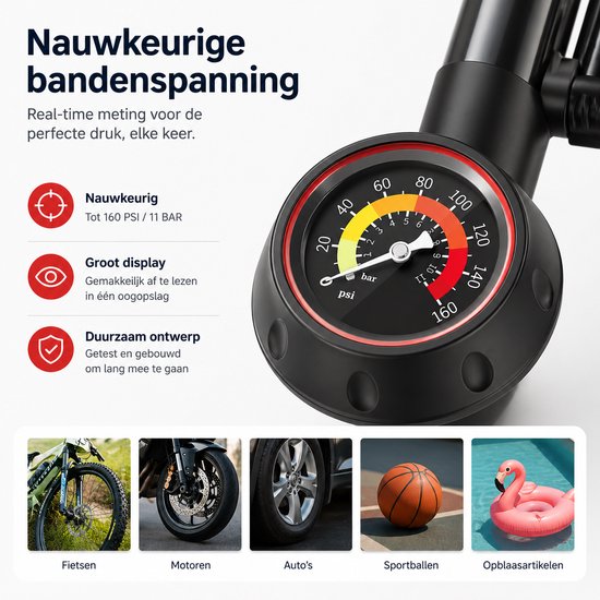 BOTC Fietspomp met Drukmeter - Vloerpomp 160 PSI / 11 Bar - Geschikt voor Presta & Schrader Ventielen - Voetpomp voor Racefiets, Mountainbike, Stadsfiets & E-bike - Zwart van BOTC — afbeelding 3