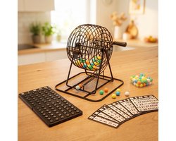Cheqo® Bingospel - Bingo Spel - Bingomolen - Complete Set - Bingo Set met Molen - 75 Ballen - Bingoballen - Bingokaarten - Fiches - Controle Bord - Lotto Spel - Kien Spel - voor Kinderen en Volwassenen - Familie Gezelschapsspel - Feestspel