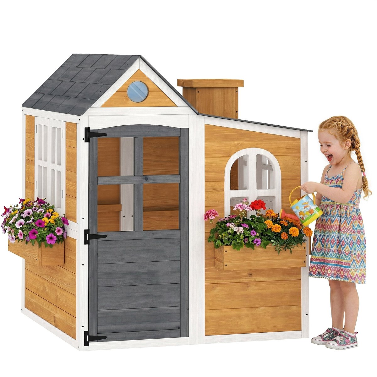 AIYAPLAY Kinderspeelhuisje - Vurenhout - 125,5 x 119 x 126 cm - Geel