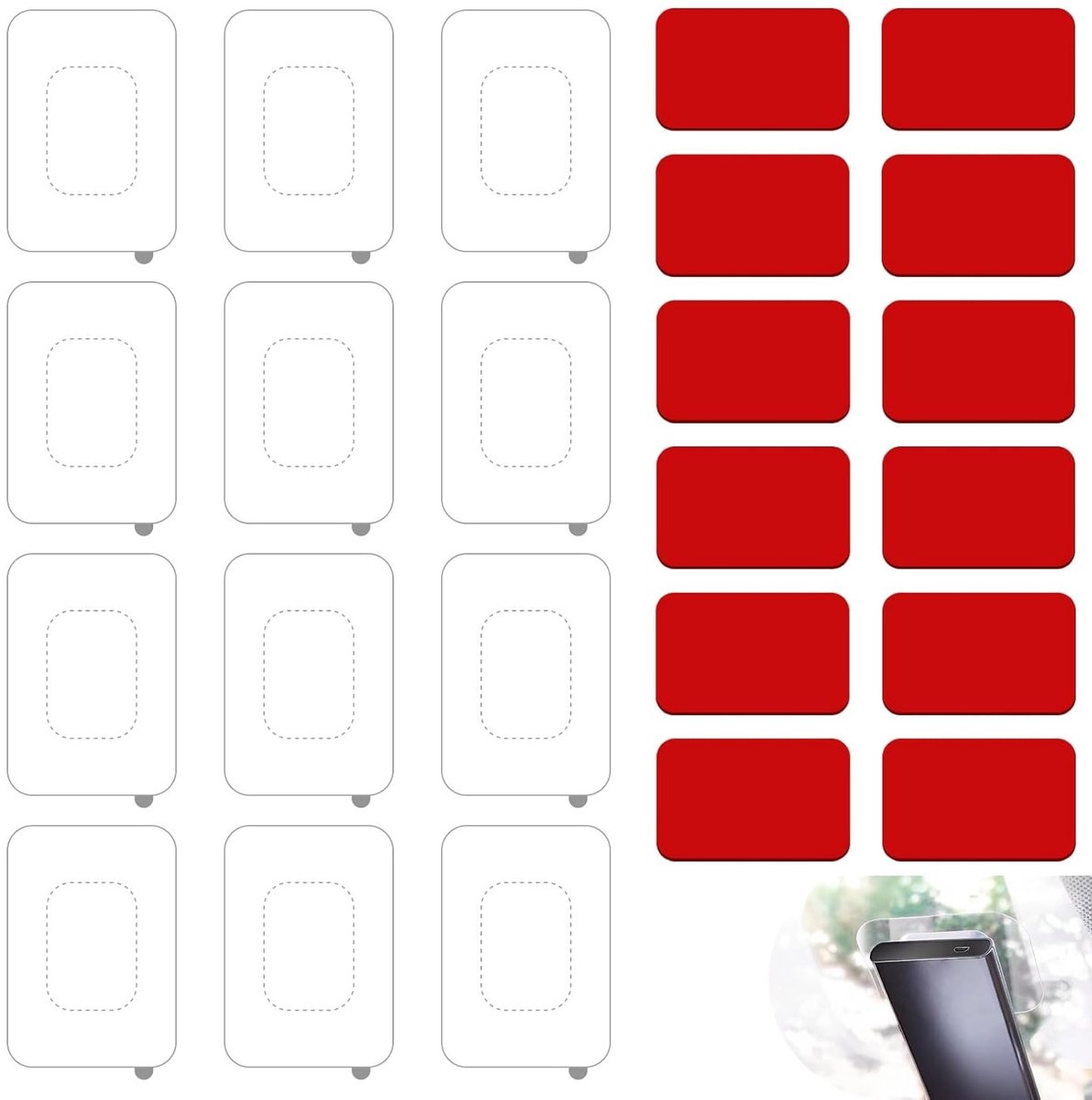 24 Zelfklevende Pads en Films voor Dashcam, 12 Stuks 5 x 3 cm en 12 Stuks 8 x 8 cm, Extra Sterke Hechting voor Veiligheid en Stabiliteit van Dashcams