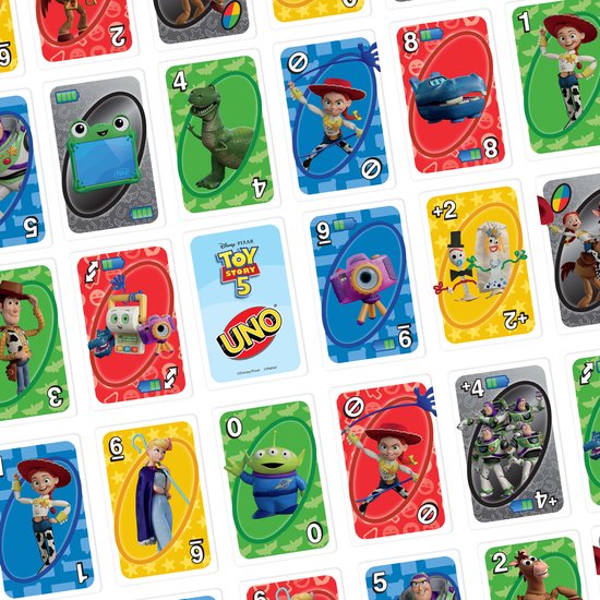 UNO Toy Story 5 kaarten met Woody, Jessie, Rex, Buzz Lightyear, Alien en Lotso.