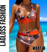 LaGloss® 2-Delig Vintage Bikini Set Dames Halter Bikini Met Strikdetail & Oranje Accenten – Zomermode – Beach Fashion – Strandmode – Maat M