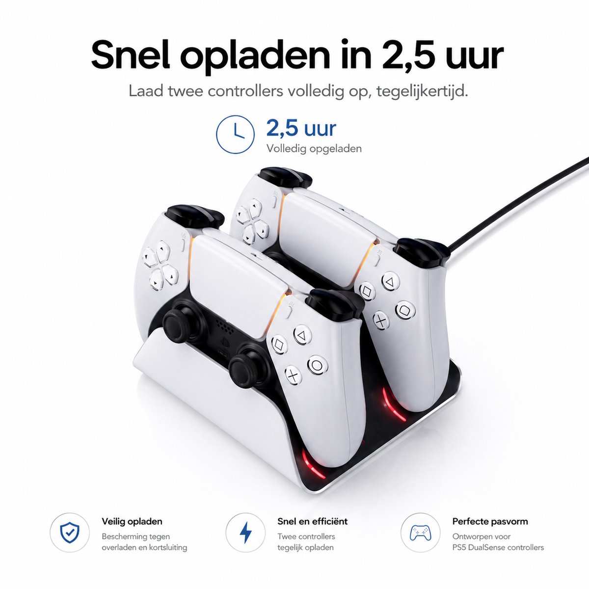 Sounix Oplaadstation geschikt voor PS5 / PS5 Slim / PS5 PRO / DualSense Controller - PS5 accessoires - Dual Oplader - Charging Dock - Wit – foto 3