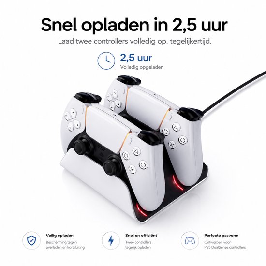 Wit oplaadstation voor twee controllers, met oranje en rode LED-indicatoren.