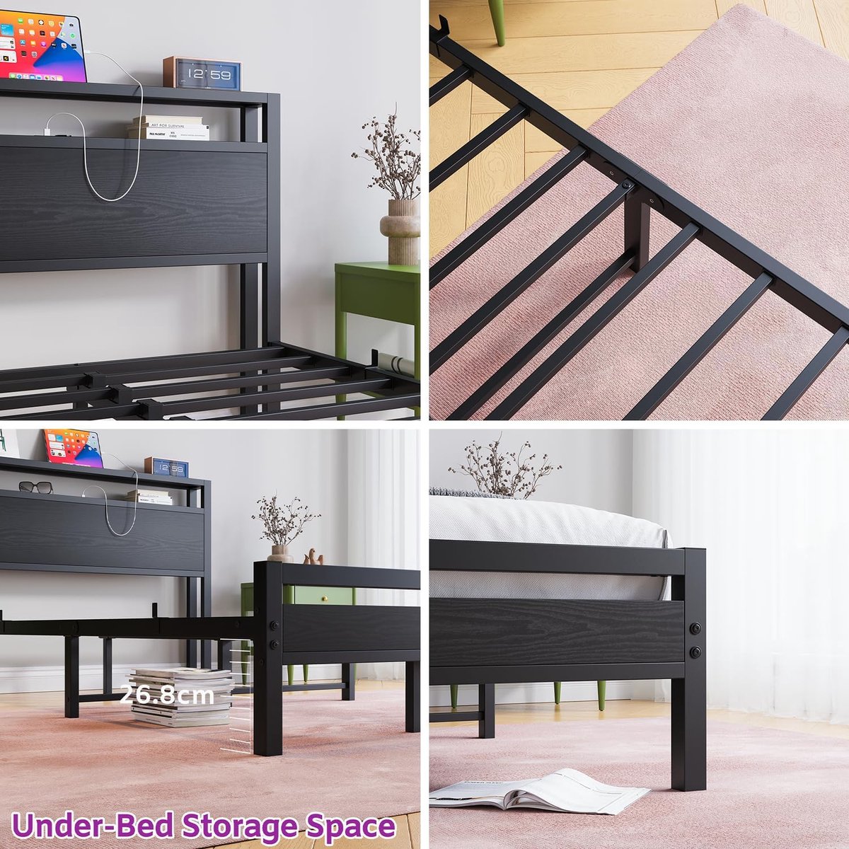 Metalen bedframe 120x200 cm met USB-oplaadstation en opberg hoofdeinde – HomeByNicole – Stalen tweepersoonsbed met lattenbodem, extra opbergruimte onder bed, industrieel modern design – logeerbed / tienerbed / slaapkamerbed – zwart