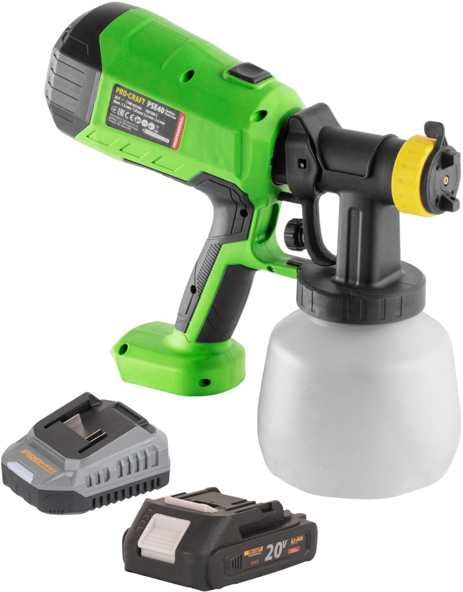 Procraft PSE40bb accu-verfspuitpistool 20 V + 1x accu 2,0 Ah + oplader