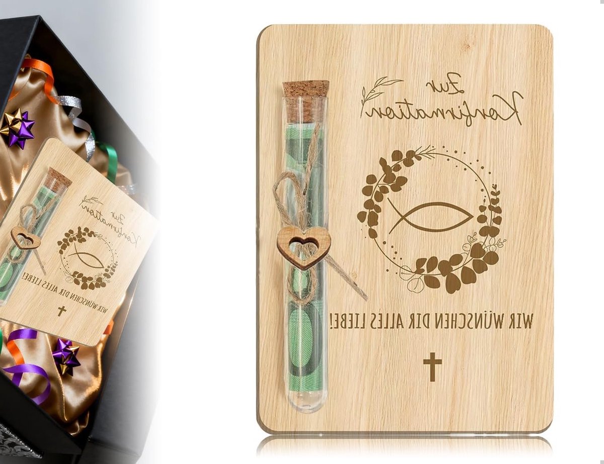 Houten contant geld verpakking met reageerbuisjes voor het vormsel, leuke en creatieve geschenkideeën voor jongens en meisjes