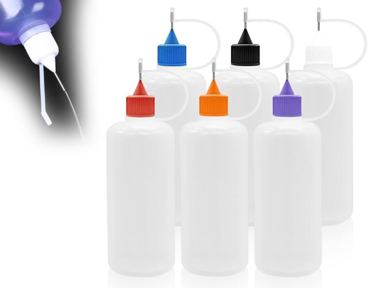 Set van 6 Applicator Flessen 100 ml met Naaldtip in 6 Kleuren voor Lijm, Vulling en Oliegebruik
