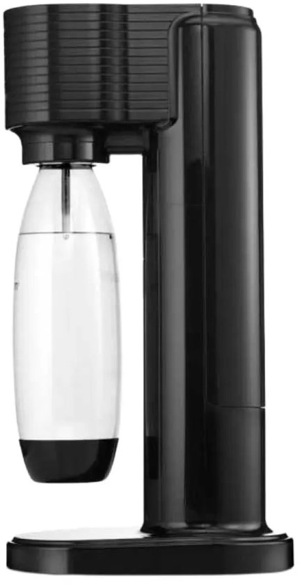 Zwarte Sodastream Gaia bruiswatertoestel met een fles erin.