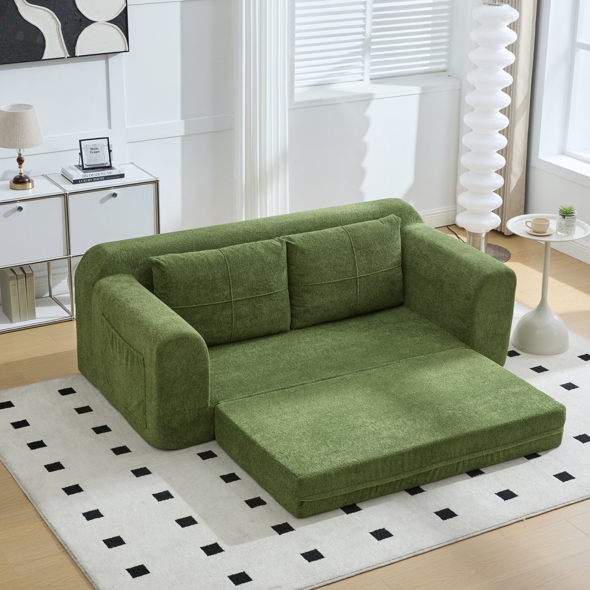 FloraGrace Slaapbank – 2-in-1 Vouwbaar Vloersofa Met Armleuningen – Voor Wonen En Logeren – Fluweelachtige Stof – Legergroen