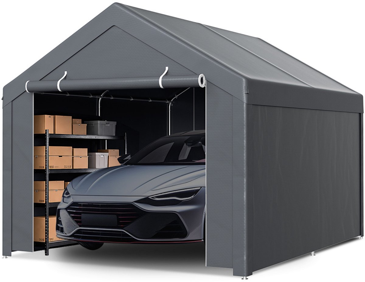 Garagetent 3x4 m met afneembare zijwanden, PE zeil, gegalvaniseerd stalen frame, grijs