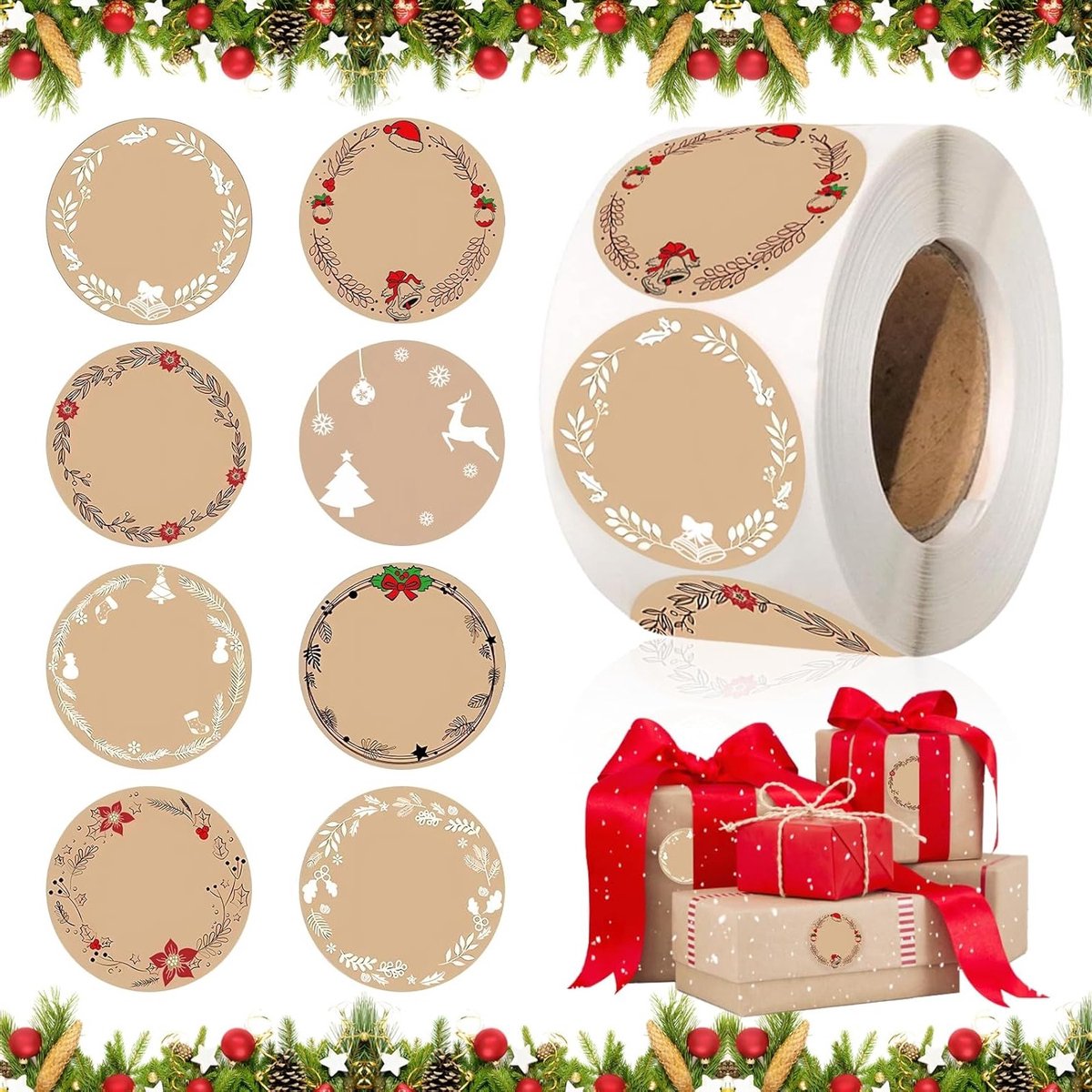 Ronde kerststickers, 500 stuks zelfklevende cadeau stickers op rol, kraft papier, voor envelop en cadeauverpakking