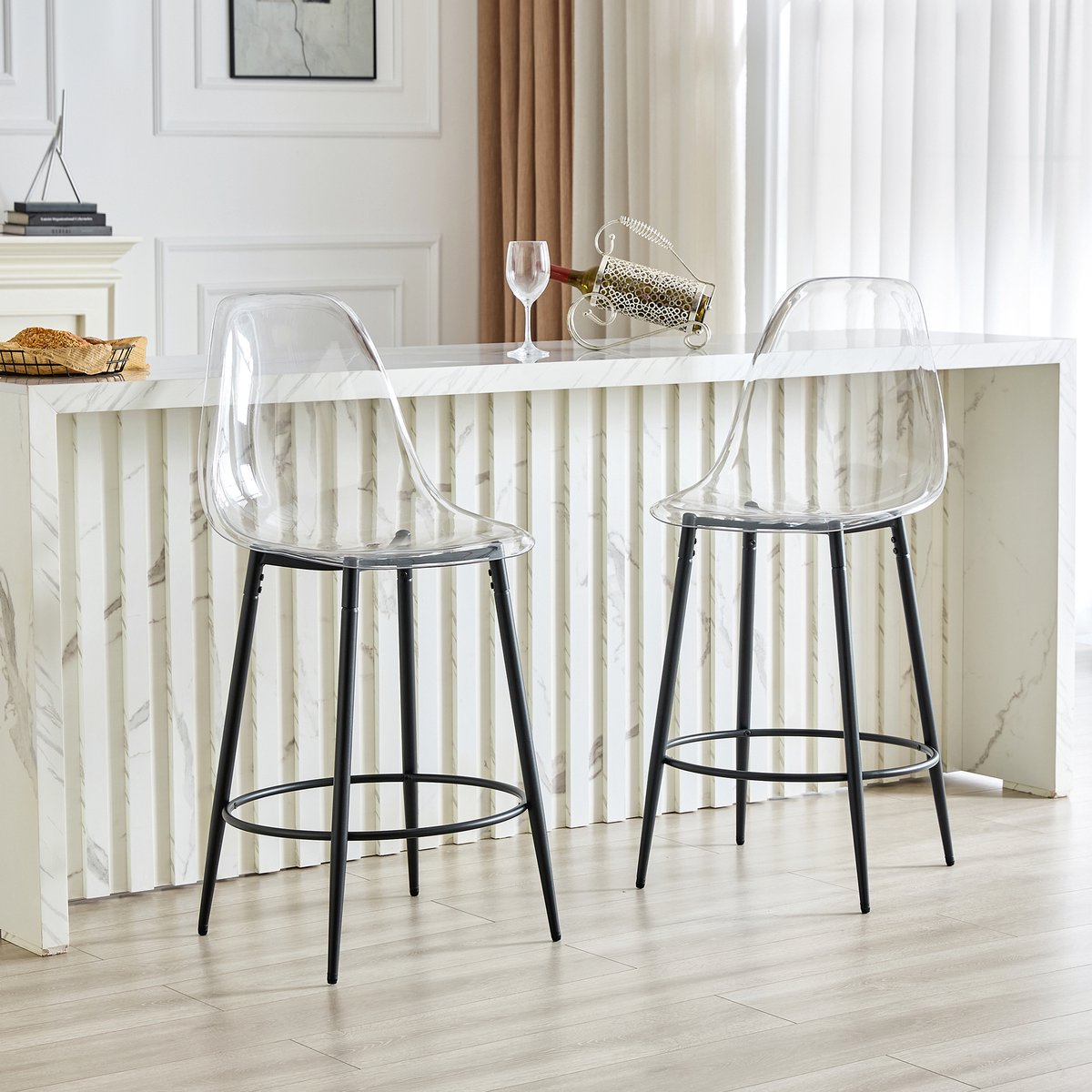 MIVRAY Barkrukken 66 cm - Set Van 2 Met Transparante Rugleuning - Voor Keuken En Bar - Metaal En Kunststof - Zwart Zwart, Transparant