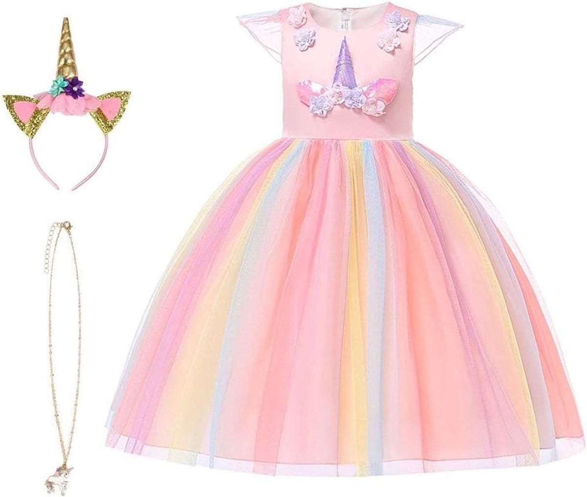 Unicorn Kostuum voor Kinderen, Prinsessenjurk met Sieraden en Hoofdband voor Verjaardagsfeest, Cosplay en Halloween, Leeftijd 2-10 Jaar