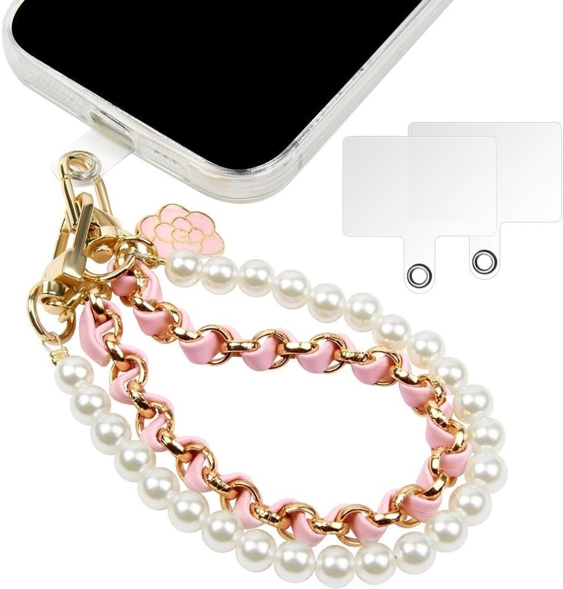 Handy Perlen Sleutelband met 2 Handy Patches, Doppelkette en Charm voor Smartphone, Handige Lanyard en Handschlaufe voor Mobiele Telefoon