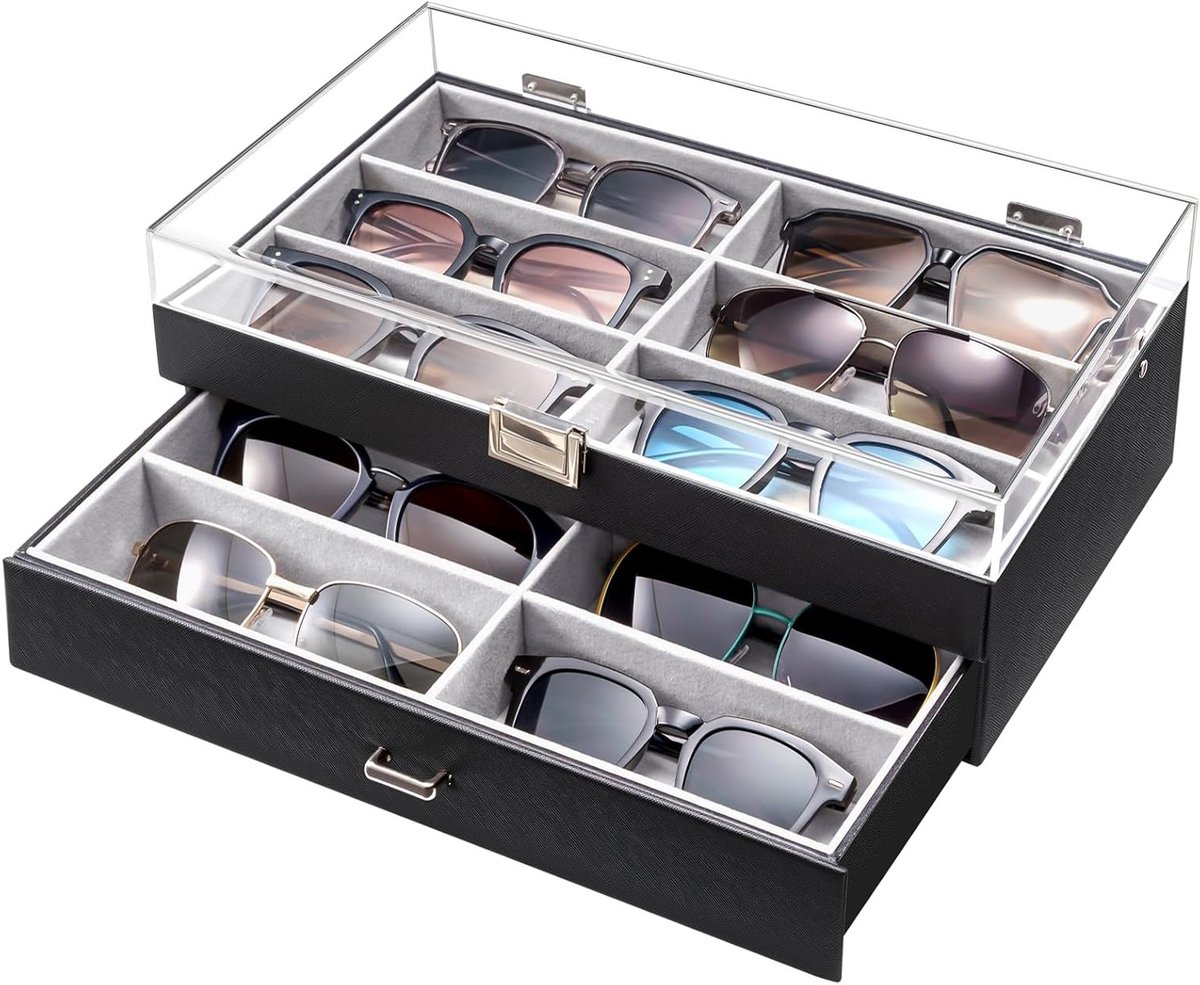12 Slots Acryl Zonnebril Organizer met Transparante Deksel, 2 Lagen Opbergdoos voor Zonnebrillen en Brillen met Tray - Ideaal voor Thuis en Reizen