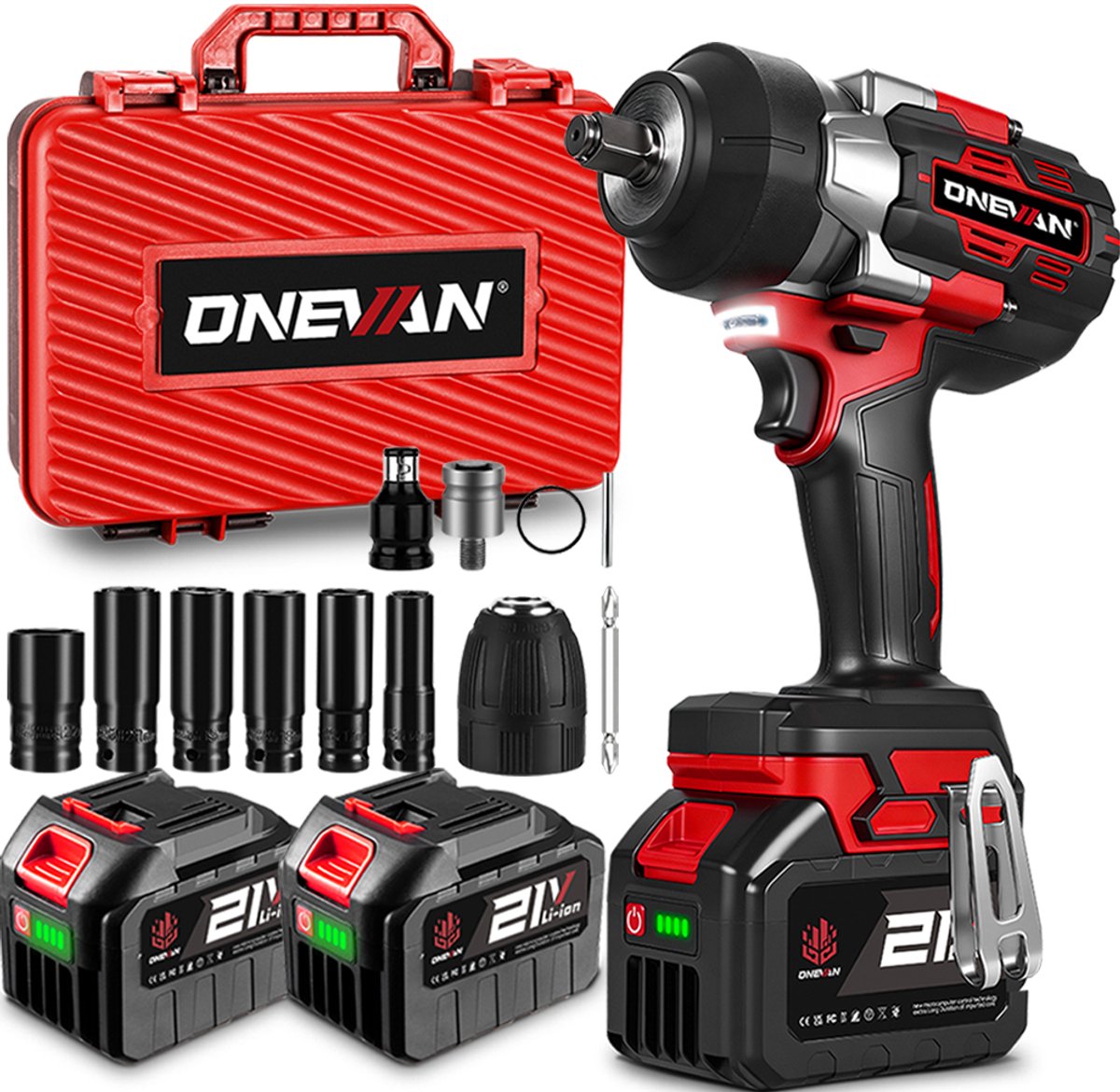 ONEVAN Accu Slagmoersleutel - 2800Nm - 21V Borstelloze Slagmoersleutel - met 2× 4.5Ah Accu’s & 6x Doppen - Slagschroevendraaier - voor zware projecten