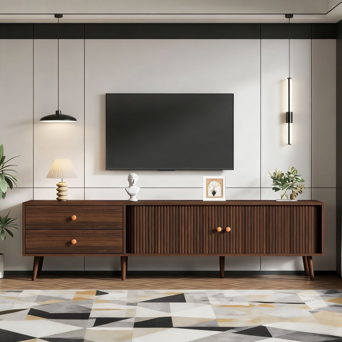 TV-Meubel - 180x40x46.5 Cm Walnoot Met 2 Lades, 2 Roldeuren En 7 Poten - Geschikt Voor Tv Tot 80 Inch - Lage Kast Voor Woonkamer