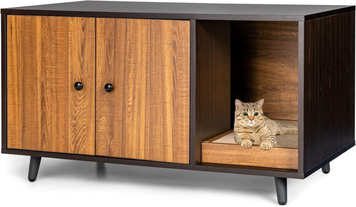 VIN® Kattenbak Kast – Kattenhuis Met Deurtjes - Kattenmand - Halmeubel – Dierenhuis - Nachtkastje - Kattenkast - Dressoir – Kattenhok - Bijzetkastje - Krabpaal - Katten Mand - 90 x 50 x 50 cm