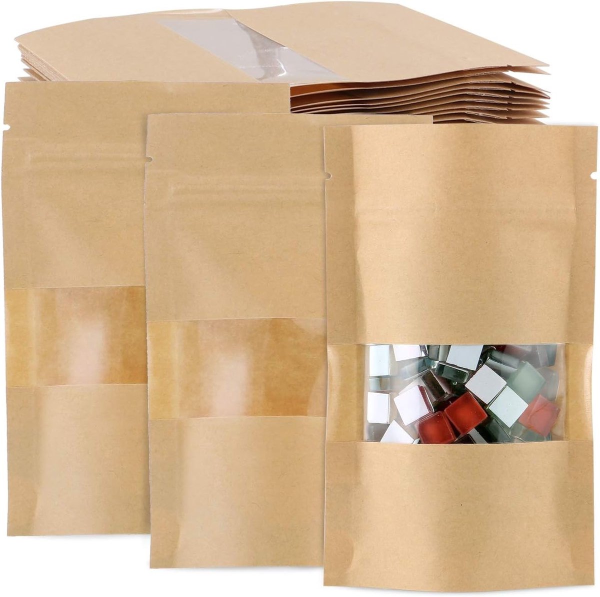 100 Stuks Kraft Papieren Stand Up Voedselzakken, Herbruikbare Ritszakken voor Voedselopslag, Bruine Papieren Verpakkingszakken met Doorzichtig Venster, 10x15cm, Duurzaam en Milieuvriendelijk