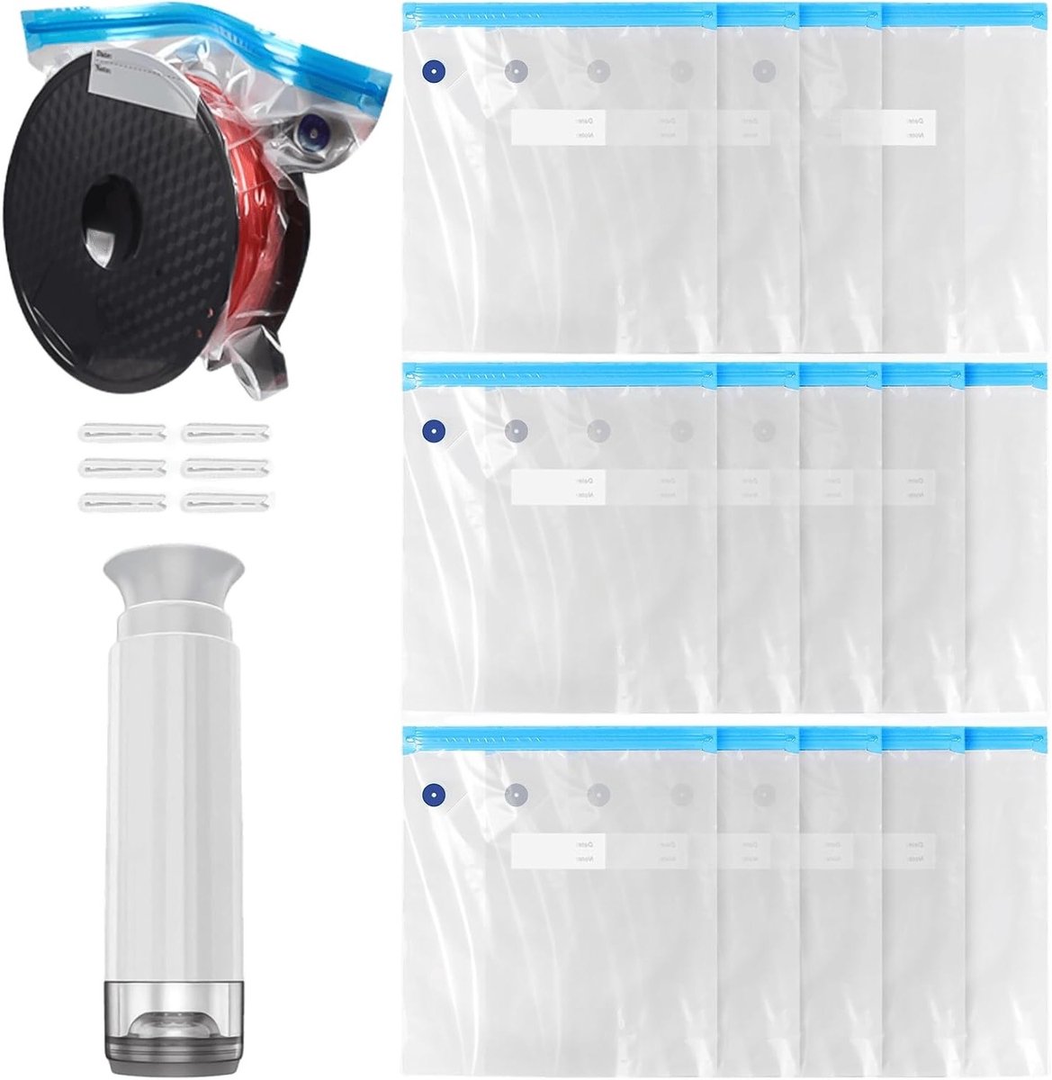 15 Stuks 3D Printer Filament, Vochtbestendige Opbergzakken met Vacuümpomp en 6 Sluitclips, Herbruikbare Vacuümzakken voor Optimale Filamentbewaring
