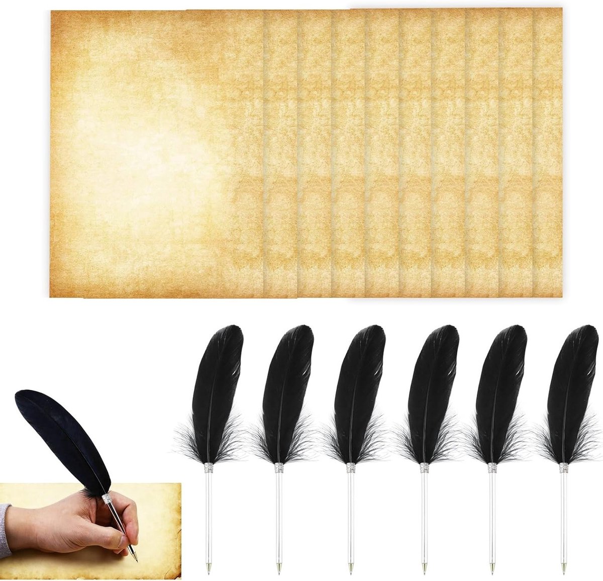 Elegante Vintage Zwarte Veerpen Set van 6 Stuks met Dubbelzijdig Schrijfpapier voor Stijlvol Schrijven en Perfecte Cadeaus voor Zakenpartners en Vrienden