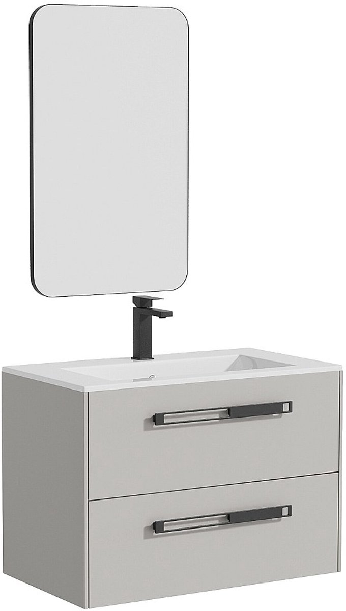Vente-unique Zwevend wastafelmeubel met inbouwwastafel, kraan en spiegel - Grijs - 80 cm - FELNA