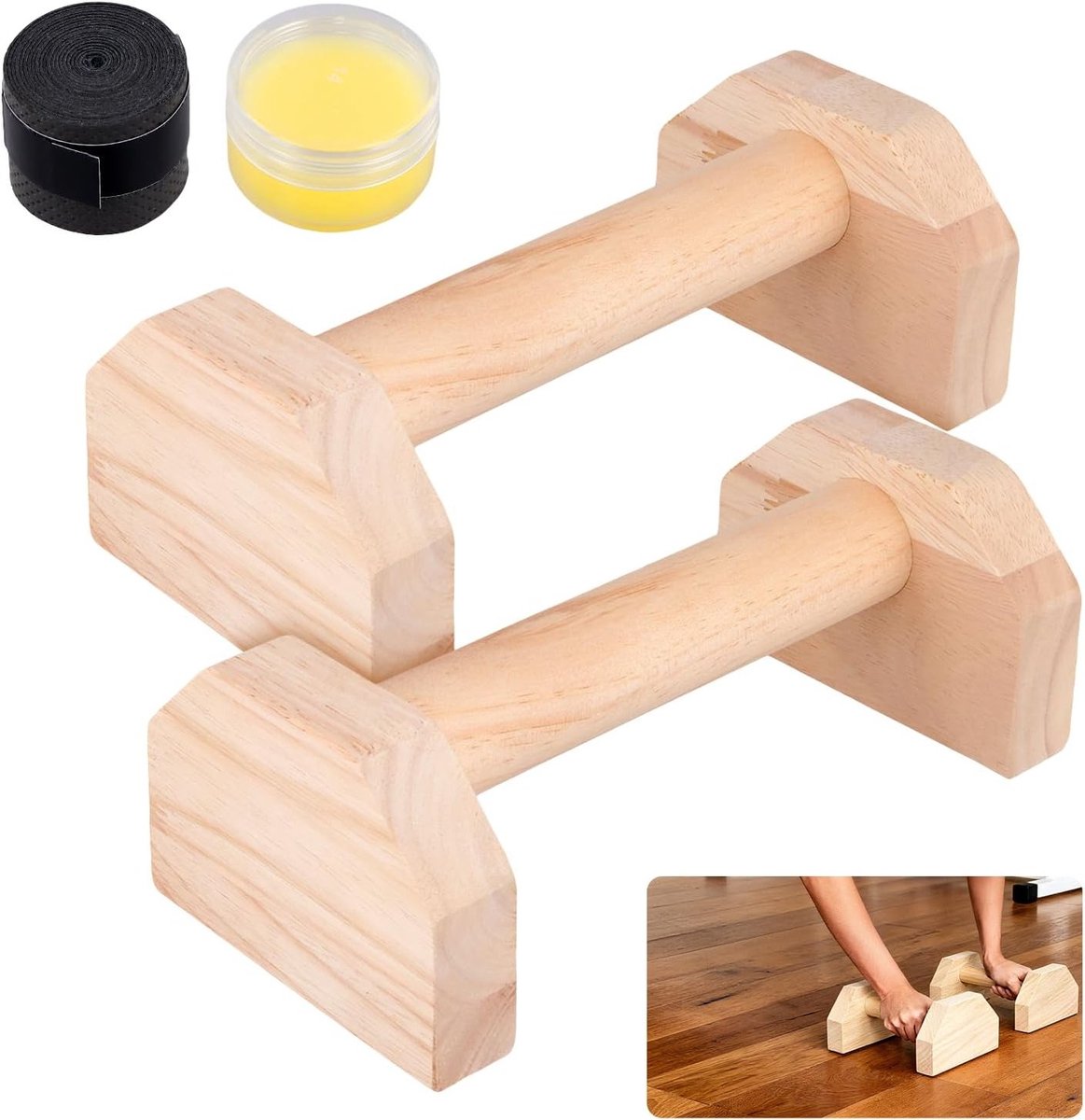 Set van 2 Houten Push Up Handgrepen, 25 x 13 x 9,5 cm, Ideaal voor Calisthenics, Thuis Training en Krachttraining met Antislip Tyres