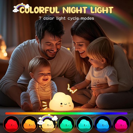 Nachtlampje voor kinderen en baby's - 7 kleuren, 5 helderheidsniveaus (voedingslampje) - Dimbaar, schattig siliconen nachtlampje voor de babykamer - Touchbediening - Draagbaar & oplaadbaar van Merkloos — afbeelding 2