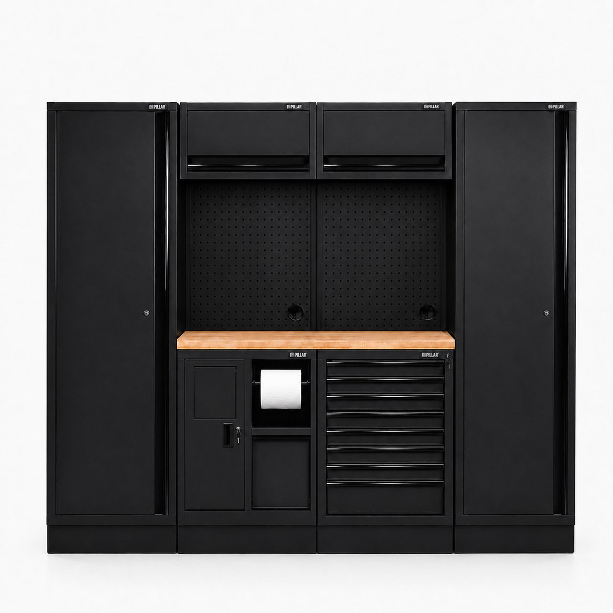Pillar modulaire werkplaatsinrichting met 2 hoge kasten en hardhouten werkblad