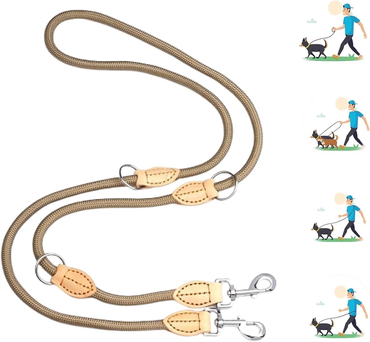 Verstelbare Hondenriem, Dubbele Leash van 1cm x 2.1m, Nylon met Gevoerde Handgreep en 2 Karabijnhaken voor Grote en Middelgrote Honden