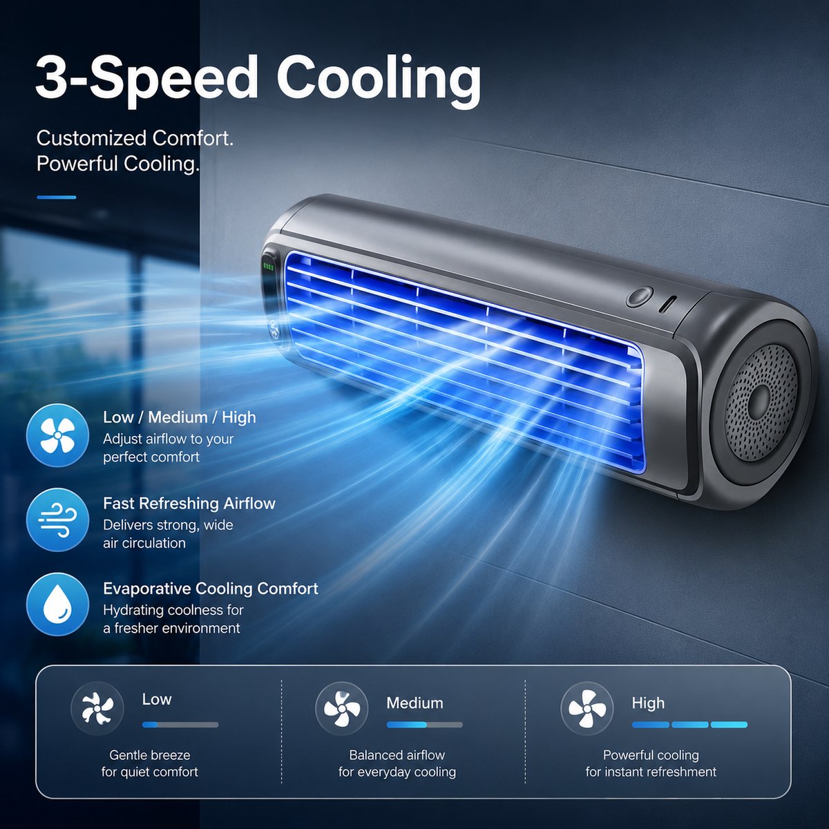 Bobypet - Premium Aircooler Muurmontage - Zonder Boren Ventilator - Energiezuinige Koeler met Drie Snelheden - Draagbare Mobiele Airco Cooler voor Slaapkamer, Keuken en Badkamer - Compacte Wandventilator met Geavanceerde Waterkoeling - grijs thumbnail 4
