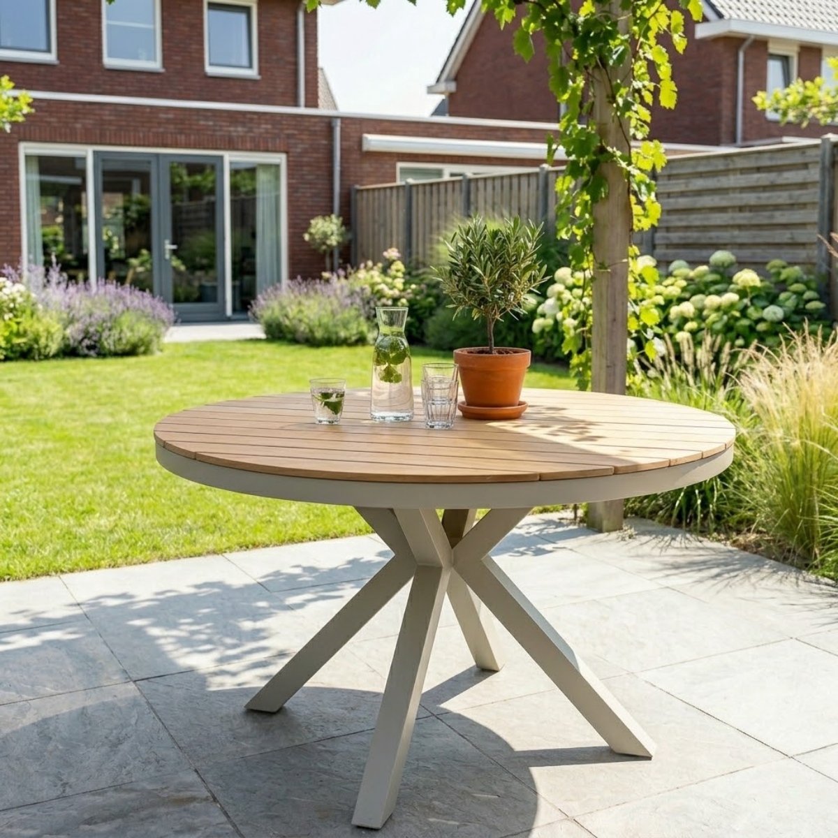 Tuintafel Calgary Rond 140cm Warm Wit/Hout Dining Eettafel - RP140W