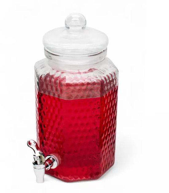 Glazen drankdispenser met honingraatstructuur, gevuld met rode drank en zilverkleurig kraantje.