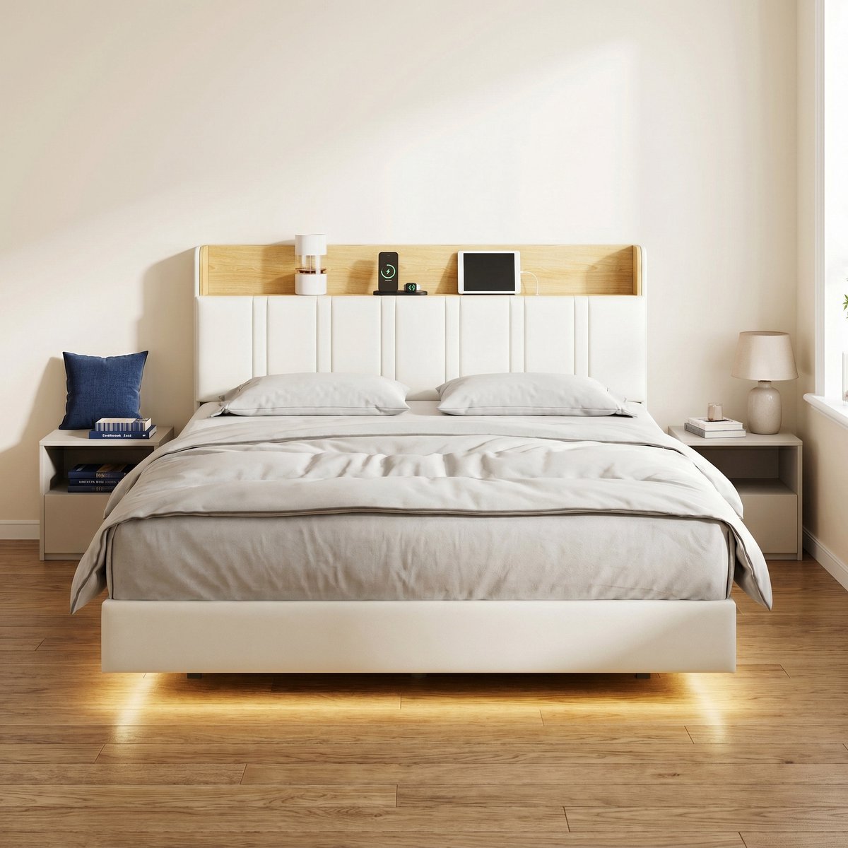Zwevend tweepersoonsbed 140x200 cm met LED-verlichting en oplaadstation - bedframe met gewatteerd hoofdbord van kunstleer - moderne stijl - wit
