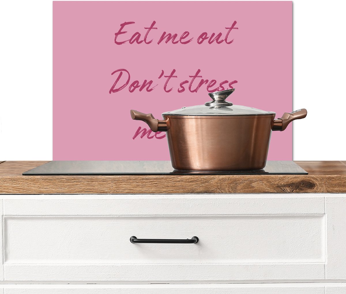 KitchenYeah Spatscherm keuken 60x40 cm Kookplaat achterwand Eat me out don't stress me out Roze Handgeschreven Muurbeschermer Spatwand fornuis Hoogwaardig aluminium