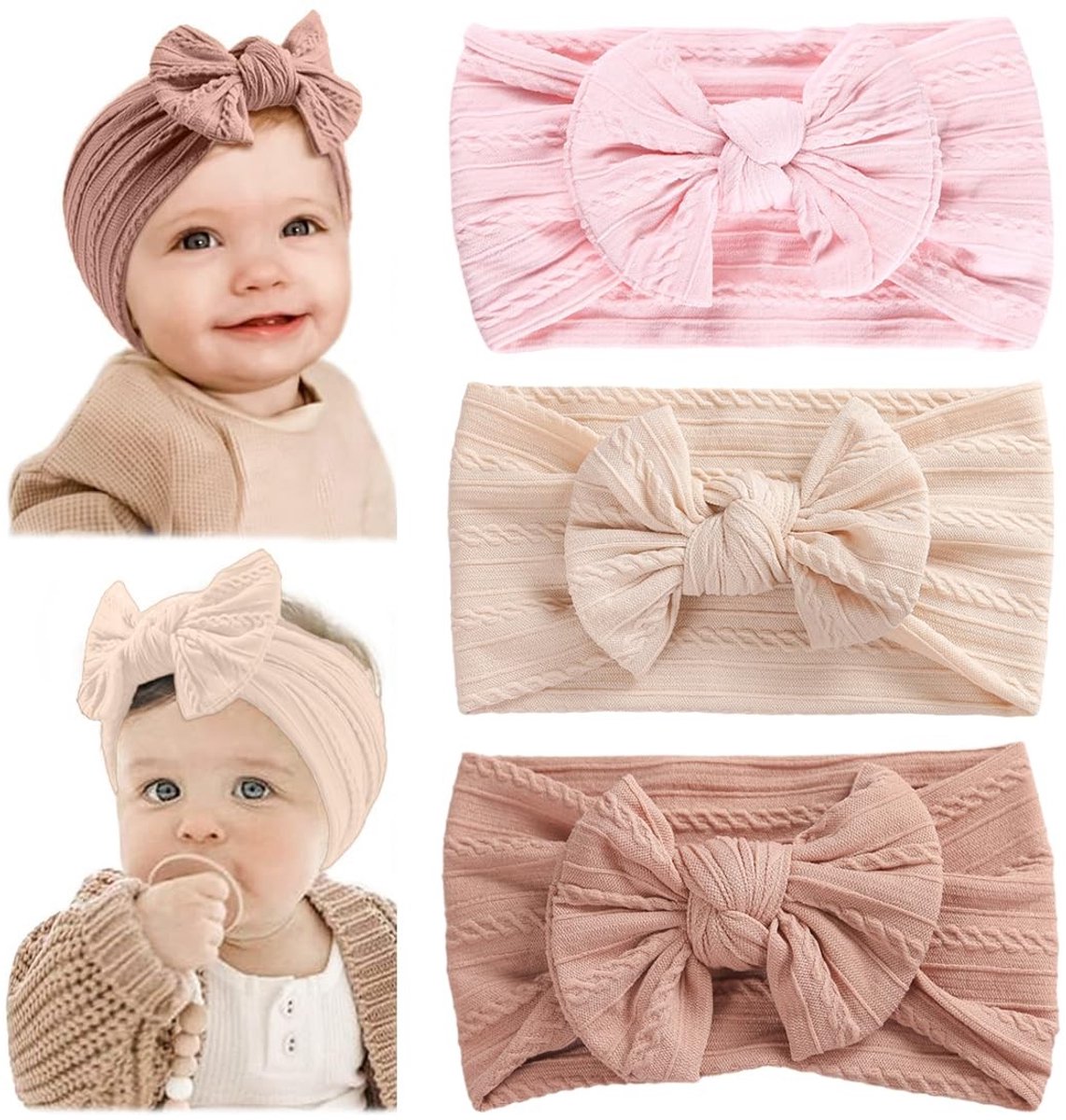 Dailygoods- Babyhoofdbanden Set van 3 - Zachte/Elastische Hoofdbanden - Schattige Strikken - Voor Peuters/Meisjes - Nylon Materiaal - Comfortabele Draagervaring - Hoofdband