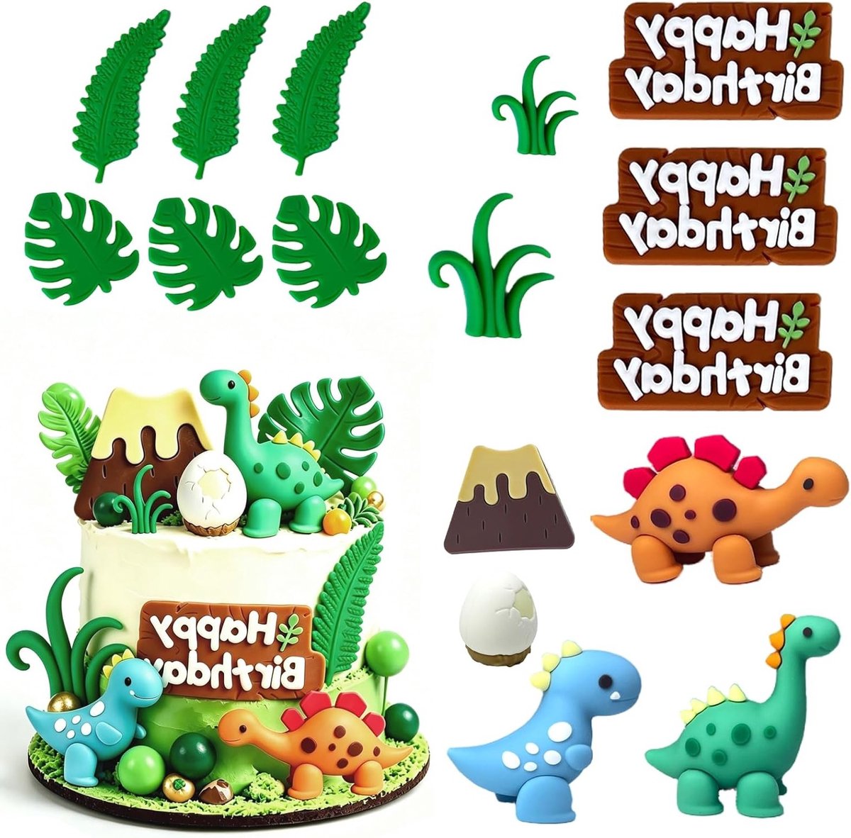 Dino Taartdecoratie Set voor Kinderfeestje, Baby Shower en Verjaardag - 16 Stuks met Kleurrijke Dinosaurus Figuren