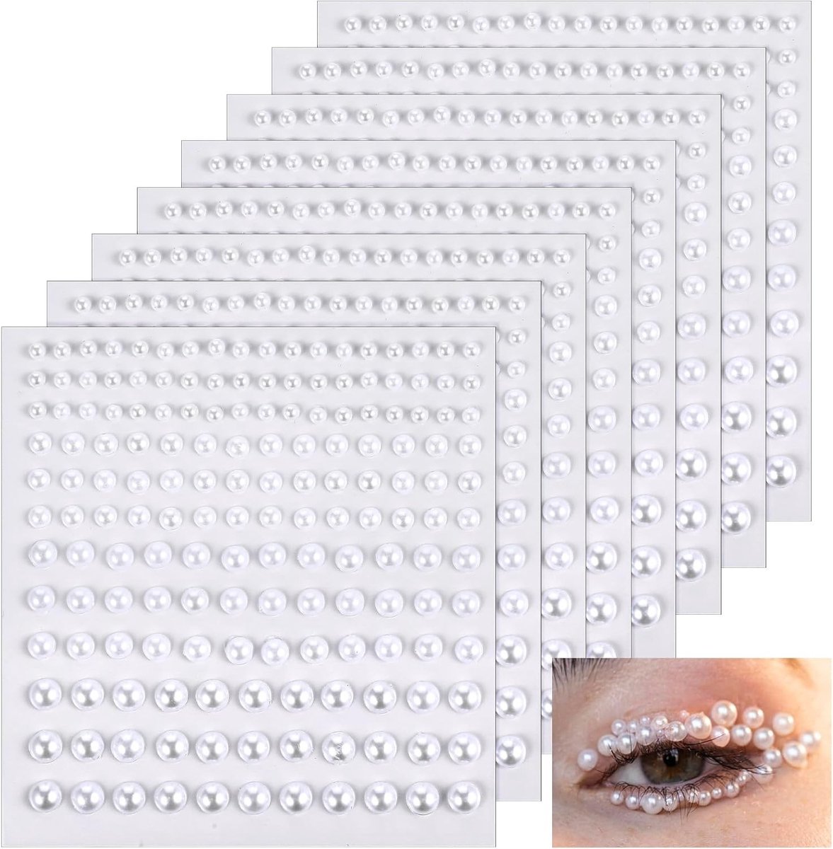 Set van 1320 Zelfklevende Halve Parels, 8 Vellen met Strass Steentjes voor Gezichtsdecoratie, Manicure, Sieraden, Make-up en DIY Creaties, Wit