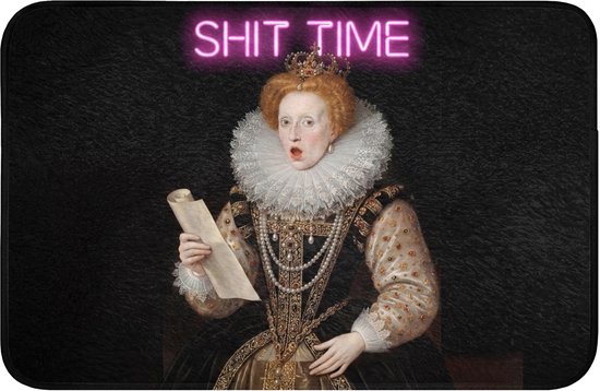 Vloermat met een portret van Koningin Elizabeth I met een kanten kraag en de tekst "SHIT TIME" in neonletters.