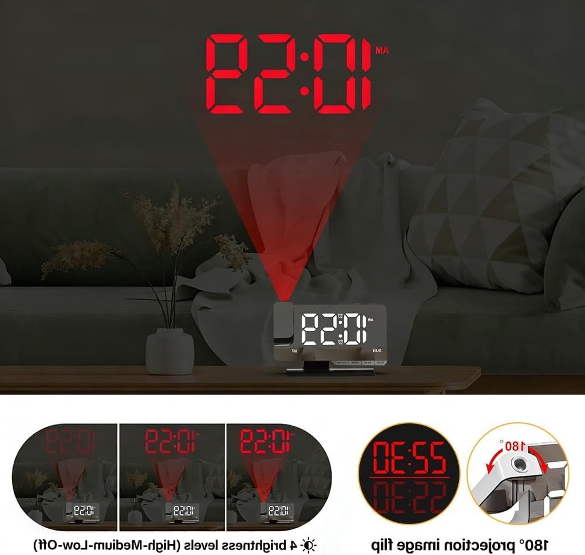 Digitale Projectie Wekkerradio met 180° Draaibare Projector, USB-C Aansluiting, Dimbare Verlichting en 11 Kleuren LED Display voor Slaapkamer en Muurdecoratie – foto 7