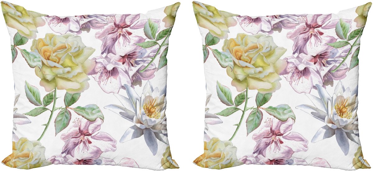 ABAKUHAUS Decoratieve kussenhoezen met bloemenprint, 2 stuks, rozenblaadjes, sakura-lelie, 40x40 cm, varen groen lichtroze