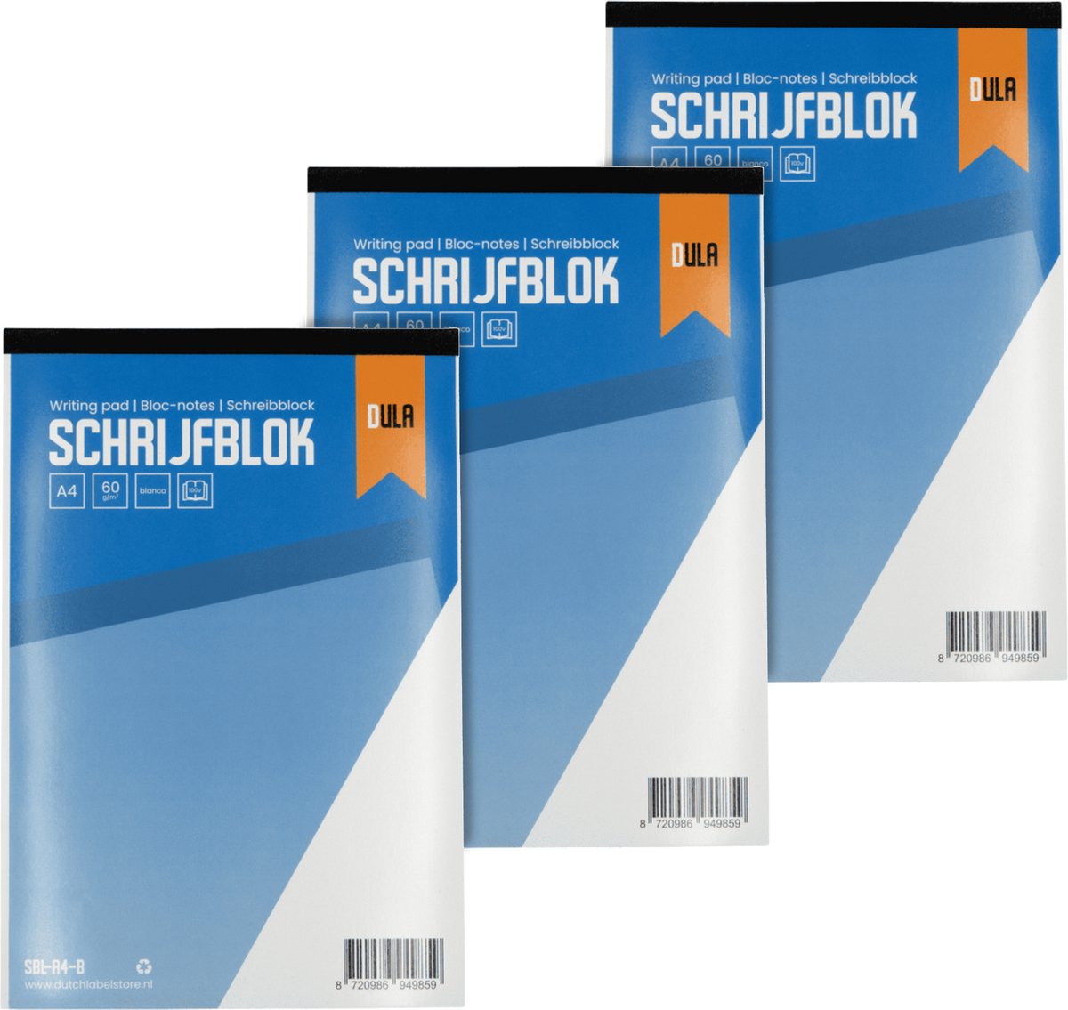 Schrijfblok A4 formaat blanco 100 vel - Notitieblok - 60 grams papier - 3 stuks - DULA