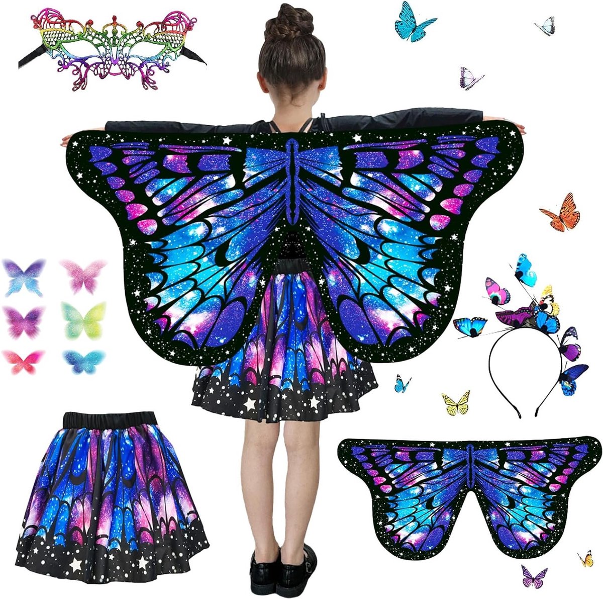 Vleermuisvleugels voor kinderen, kleurrijk kostuum voor meisjes, carnaval en themafeest accessoires, feestelijke outfit voor kinderen.