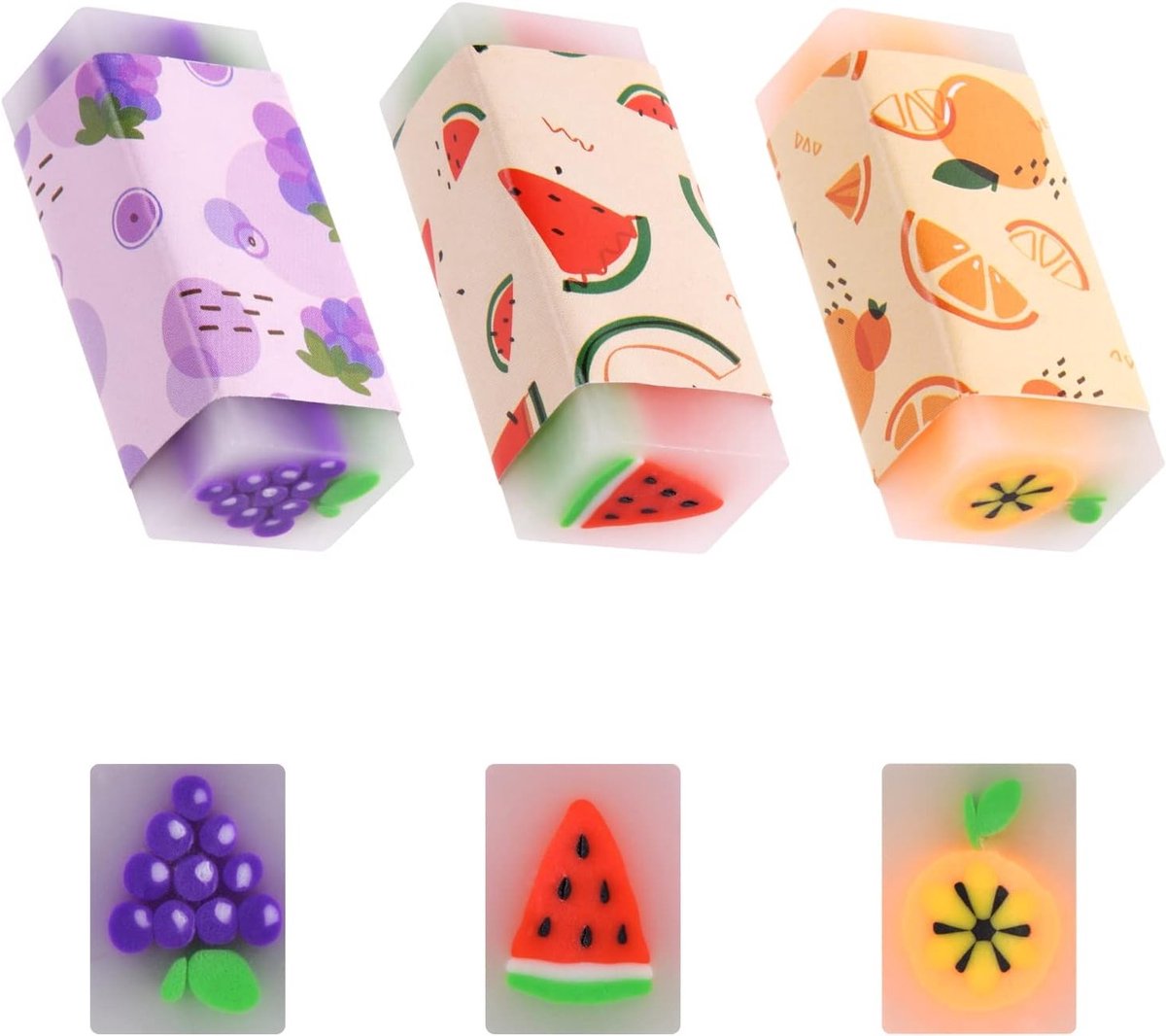 Schattige Fruit Gum, 3 Stuks Plastic Potloodgummen, Duurzame Gummen voor Kinderen, School, Kantoor en Tekenen
