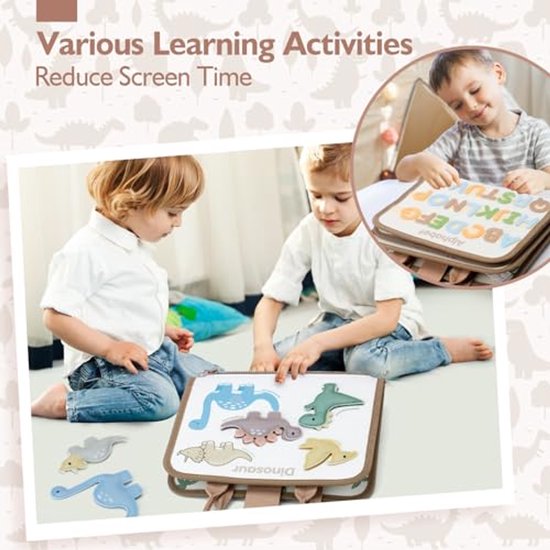 Montessori Busy Board voor peuters – Sensorisch bord met dinosaurus-thema – Educatief Busy Book – Leerspeelgoed voor peuters – Leeractiviteiten voor de kleuterschool – Reisspeelgoed voor vliegtuig en auto — afbeelding 3