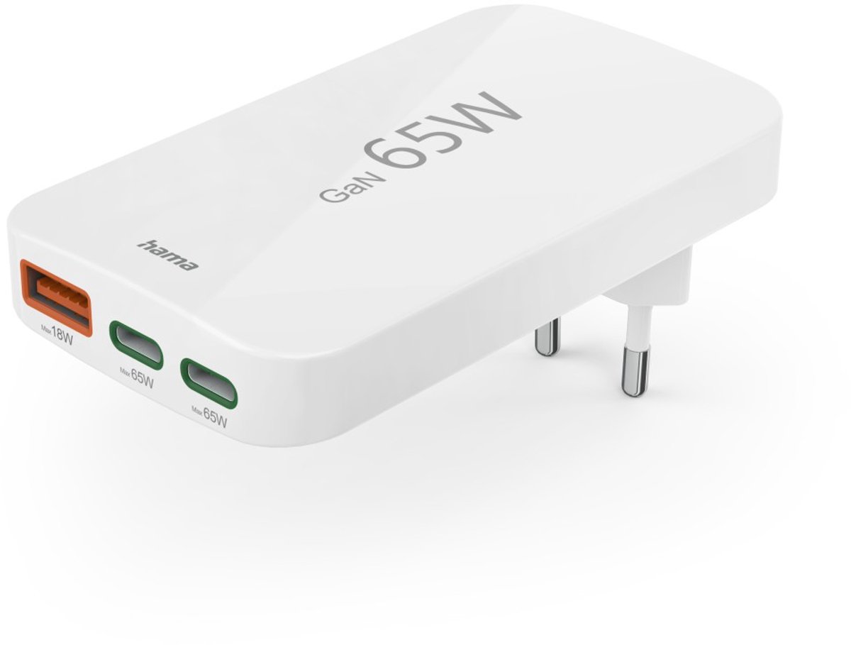 Hama 65W Snellader - 2x USB-C PD, 1x USB-A QC - Wit